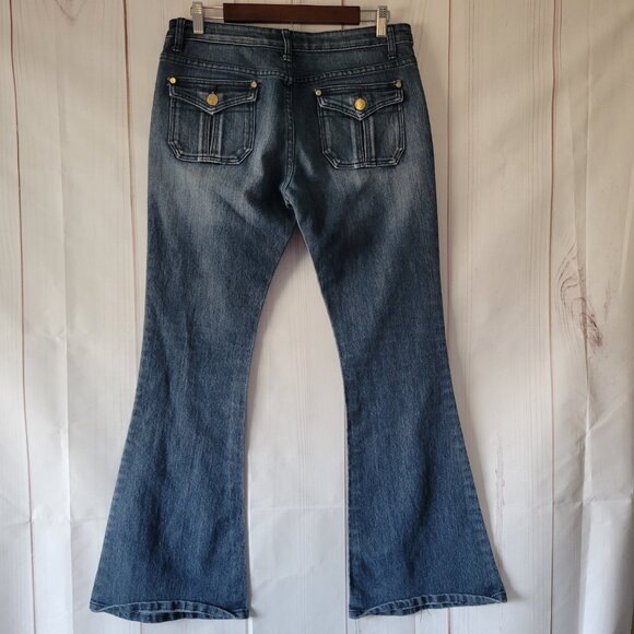 Y2K Hybrid & Company Cotton Denim Flare Jeans, Women’s Sz 11, Button Detail EUC - Picture 4 of 12